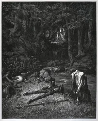 Bivack i skogen - Överlevda av platsens skönhet, bestämde de sig för att tillbringa timmarna av tupplur där - från "" Don Quixote de la Mancha"" av Miguel Cervantes (1547-1616) (Don Quijote) - Träsnitt efter teckning av Gustave Dore