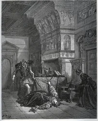 Camille låtsas begå självmord inför Lothaire och Leonella - ur „Don Quixote de la Mancha“ av Miguel Cervantes (1547-1616) („Don Quixote“) - träsnitt efter en teckning av Gustave Doré