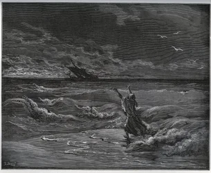 Fången berättelse. Aagi-Morato, Zoraides fader, barker på stranden från "Don Quixote de la Mancha"" av Miguel Cervantes (1547-1616) (Don Quijote) - Träsnitt efter teckning av Gustave Dore