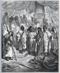 Fången berättelse. Pagano Dorias huvud skuret av araberna - Araberna skar hans huvud och bar det till generalen för den turkiska flottan - från "Don Quixote de la Mancha"" av Miguel Cervantes (1547-1616) (Don Quijote) - Träsnitt efter teckning av Gustave D