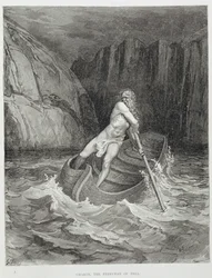 Charon, helvetets färjkarl, ur Dante Alighieris Den gudomliga komedin (Inferno), graverad av Stéphane Pannemaker (1847-1930), cirka 1868