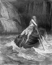 Charon, helvetets färjkarl, ur Dante Alighieris ”Den gudomliga komedin” (Inferno) (1265-1321), graverad av Stéphane Pannemaker (1847-1930), ca 1868