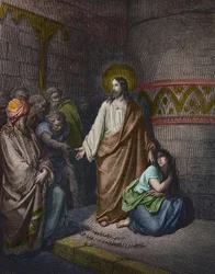 Kristus och den äktenskapsbrytande kvinnan, illustration av Gustave Doré (1832-1883) - Jesus och kvinnan som ertappades med äktenskapsbrott - gravyr av Gustave Doré - senare kolorerad