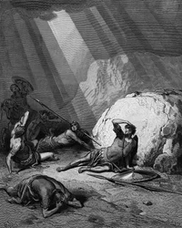 St Pauls omvandling på vägen till Damaskus. Apostlagärningarna 9. Ur Gustave Dore-bibeln 1865-1866. Trägravyr. Guds kraft avbildas som ett ljusskaft.