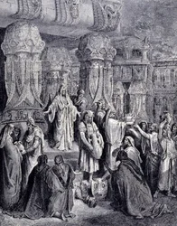 Kyros II den store (580 f.Kr. - 530 f.Kr.) befriade de fångna folken vid sin ankomst till Babylon år 539 f.Kr. och återlämnade till det judiska folket de heliga kärl som hade tagits som byte från templet i Jerusalem. Gravyr av Gustave Doré.