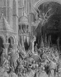 Dandolo predikar korståget i Markuskyrkan i Venedig - gravyr av Gustave Doré