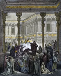 Daniel förvirrar Baals präster - Daniel förvirrar prästerna i Bel - - gravering i "" The Bible illustree"" av Gustave Dore (1832-1883) - Gravyr från "" The Dore Bible""