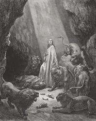 Daniel i lejongropen, Daniel 6:16-17, illustration ur Dorés Den heliga bibeln, graverad av Piaud, 1866
