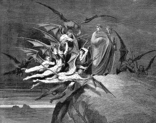 Dante och Vergilius angripna av demoner på sin väg genom den åttonde cirkeln. Illustration (1861) av Gustave Dore till Dante Inferno, Canto XXI. Trägravyr