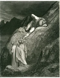 Dante och Vergilius möter Minotaurus. Gravyr ur Helvetet av Dante Alighieri (Den gudomliga komedin) illustrerad av Gustave Dore. Fransk utgåva från 1861. "E in su la punta della rotta lacca/L