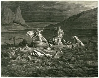 Dante och Vergilius seglar, ledda av Nocher Phlegyas, på Styx där dammar vadar, som försöker klättra upp i båten. Gravyr ur Helvetet av Dante Alighieri (Den gudomliga komedin) illustrerad av Gustave Dore. Fransk utgåva från 1861. "Segando se ne