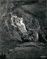Dante och Vergilius med Paolo och Francesca, illustration till Inferno, sång V ur Den gudomliga komedin av Dante Alighieri (1265-1321), av Gustave Doré (1832-1883)