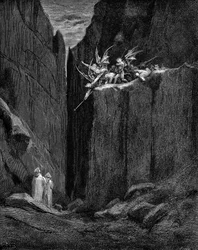 Dante skyddas av Virgil från att skadas av demoner.
