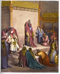 David, kung av Förenade kungariket Israel sörjer Absaloms död. Kung David otröstlig över Absalons (Avshalom) död - gravyr i "" The Bible illustree"" av Gustave Dore (1832-1883) - Gravyr från "" The Dore Bible""