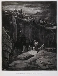 David erbjuder sitt svärd i lojalitet mot Saul, kung av Israel, Illustration från Dore-bibeln