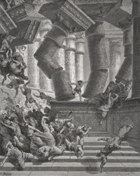 Death of Simson, Domare 26:28-30, illustration från Dores 
