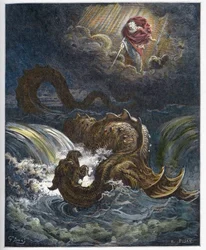 Förstörelse av Leviathan - Förstörelsen av Leviatan, Gamla testamentets marina monster - gravering i "" The Bible illustree"" av Gustave Dore (1832-1883) - Gravyr från "" The Dore Bible""
