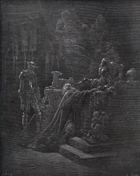 Don Quijote, Montesinos och Durandarte, i Montesinos grotta - från "" Don Quixote de la Mancha"" av Miguel Cervantes (1547-1616) (Don Quijote) - Träsnitt efter teckning av Gustave Dore
