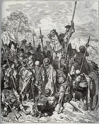 Don Quijote och Sancho med skvadronen av de brinnande byborna - från "Don Quijote de la Mancha"" av Miguel Cervantes (1547-1616) (Don Quijote) - Träsnitt efter teckning av Gustave Dore
