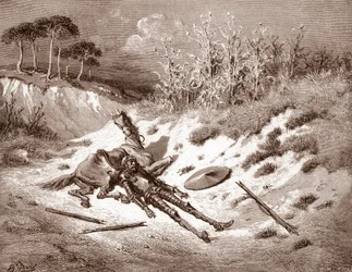 Don Quijote Efter sin misshandel efterlyser Quijote sin idealiska dam Dulcinea del Toboso Gravyr av Gustave Dore (1832-1883) för "The Ingenieux Hidalgo Don Quijote de la Mancha (Quixotte - Quijote)" av Miguel av Cervantes (1547-16316) 1863 Privat samling