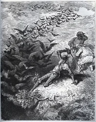 Don Quijote a la cave de Montesinos - Ett oändligt antal kråkor och torn flyger ut ur Montesinos grotta och slår Don Quijote till marken (II, 22) - från "" Don Quixote de la Mancha"" av Miguel Cervantes (1547- 1616) (Don Quijote) - Träsnitt efter teckning