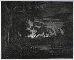 Don Quijote och Sancho Panza i början av äventyret i en tjock och okänd skog - från "Don Quixote de la Mancha" av Miguel Cervantes (1547-1616) (Don Quijote) - Träsnitt efter teckning av Gustave Dore