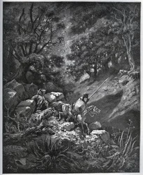Don Quixote och Sancho Panza fortsätter sin resa i Sierra Morena på jakt efter Deguenille-de-la-Malaise-gruvan - från "Don Quixote de la Mancha" av Miguel Cervantes (1547-1616) (Don Quijote) - Träsnitt efter teckning av Gustave Dore