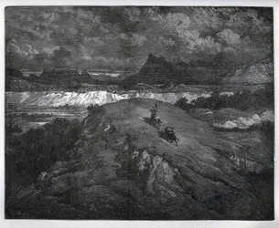 Don Quijote och Sancho Panza fortsätter sina äventyr i en bergig region, Sierra Morena - från "Don Quixote de la Mancha" av Miguel Cervantes (1547-1616) (Don Quijote) - Träsnitt efter teckning av Gustave Dore