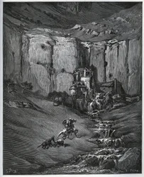Don Quijote och Sancho Panza upptäcker vad som orsakade deras oro, ett vattenfall och en kvarn en foulon - från "Don Quixote de la Mancha" av Miguel Cervantes (1547-1616) (Don Quijote) - Träsnitt efter teckning av Gustave Dore