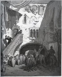 Don Quijote och Sancho Panza, inbjudna av Don Diego de Miranda hemma, välkomnas av gentlemannens hustru och son - från "Don Quixote de la Mancha" av Miguel Cervantes (1547-1616) (Don Quijote) - Träsnitt efter teckning av Gustave Dore