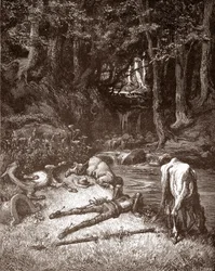Don Quijote och Sancho Panza fräscha upp dem vid en bäck Gravyr av Gustave Dore (1832-1883) för "L