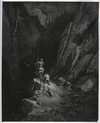 Don Quijote och Sancho Panza sjunker ner i Sierra Morena - från "Don Quixote de la Mancha" av Miguel Cervantes (1547-1616) (Don Quijote) - Träsnitt efter teckning av Gustave Dore