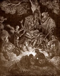 Don Quijote och Sancho Panza med gethjordarna Gravyr av Gustave Dore (1832-1883) för "L