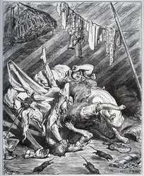 Don Quijote och en mulåsnedrivare kämpar om Maritornes, hushållerskan, som Don Quijote tar för sin Dulcinea - ur Miguel de Cervantes (1547-1616) „Don Quijote de la Mancha” - träsnitt efter en teckning av Gustave Doré
