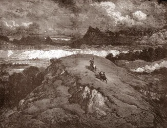 Don Quijote och sancho Panza närmar sig Sierra Morena Gravyr av Gustave Dore (1832-1883) för "L