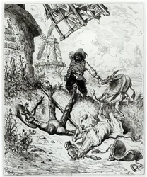 Don Quijote och väderkvarnarna, ur Miguel de Cervantes (1547-1616) "Don Quijote de la Mancha", graverad av Héliodore Joseph Pisan (1822-90)