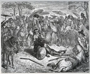Don Quijote slagen i mitten av en grupp köpmän - Mulemakaren hade smakat på spelet - från "Don Quixote de la Mancha"" av Miguel Cervantes
