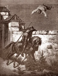 Don Quijote misslyckas med att stoppa uppskjutarna av Sancho Panca som får honom att studsa på en filt (Don Quijotes remonstrationer misslyckas med att påverka kastarna) Gravyr av Gustave Dore (1832-1883) för "L