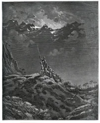 Don Quijote åker på uppdrag för Dorothee, ackompanjerad av Sancho Panza, frisör, Dorothee, kur och Cardenio - från "Don Quixote de la Mancha" av Miguel Cervantes (1547-1616) (Don Quijote) - Träsnitt efter teckning av Gustave Dore