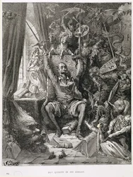 Don Quijote i sitt bibliotek, graverad av Heliodore Joseph Pisan (1822-90) ca 1868
