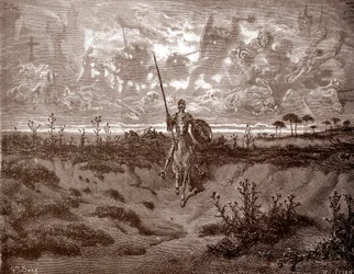 Don Quijote ger sig ut på sina äventyr Gravyr av Gustave Dore (1832-1883) för "L