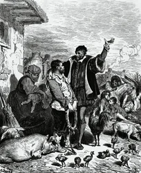 Don Quijote tar Sancho Panza från sitt hem och utser honom till guvernör, illustration av Gustave Dore