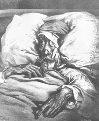 Don Quijote sårad, ur ”Don Quijote de la Mancha” av Miguel Cervantes (1547-1616), graverad av Heliodore Joseph Pisan (1822-90)
