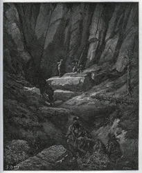 Dorothee och frisören kommer för att hämta Don Quijote då i ånger - från "Don Quixote de la Mancha"" av Miguel Cervantes (1547-1616) (Don Quijote) - Träsnitt efter teckning av Gustave Dore