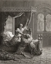 Englands Edvard I (1239-1307) dödar sin tilltänkta lönnmördare i juni 1272, illustration ur «Bibliothèque des Croisades» av J.-F. Michaud, 1877