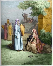 Eliezer och Rebecka - Eliezer, Abrahams tjänare, erbjuds en drink med vatten av Rebekah - Eliezer och Rebecca - gravering i "The Bible illustree" av Gustave Dore (1832-1883) - Gravyr från "" The Dore Bible""