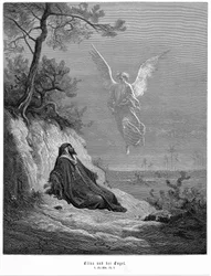 Elia går ut i öknen och ber om att få dö, men en ängel kommer och säger till honom: «Stig upp och ät». Bibeln, Första Kungaboken 19:5. Ur Gustave Dorés bibel 1865-1856. Träsnitt