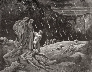 Gravyr av Gustave Dore 1832-1883 Fransk konstnär och illustratör till Inferno av Dante Alighieri Canto XV raderna 28 och 29