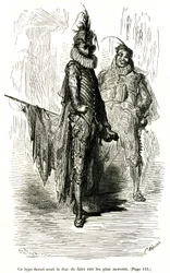 Gravyr av Gustave Dore som illustrerar Theophile Gautiers roman "Kapten Fracasse". Charpentier Edition 1863. Två komiker (skådespelare inom commedia dell