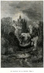 Gravyr av Gustave Dore på framsidan av romanen av Theophile Gautier "Kapten Fracasse". Charpentier Edition 1863. Chateau de la Misere, hem för Baron de Sigognac.